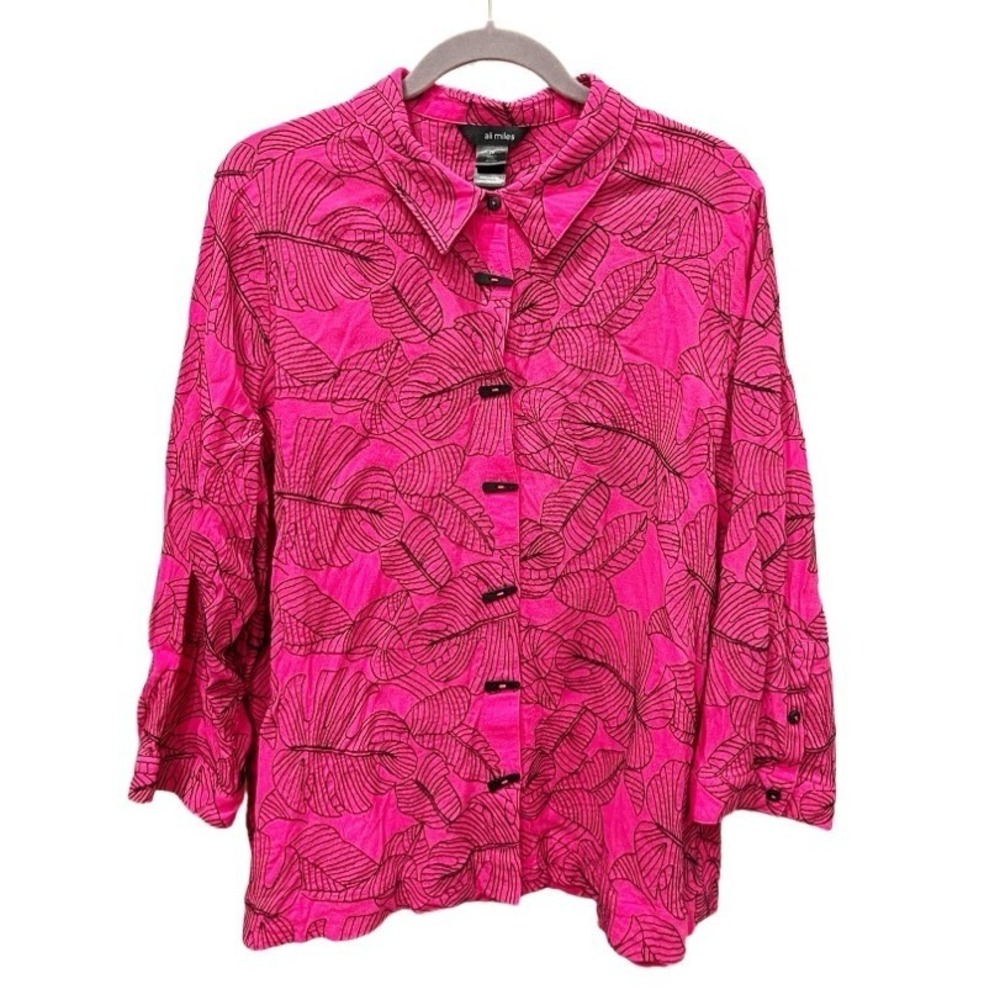 Ali Miles Hot Pink Black Tropical Leaf Print Toggle Button Blouse 2X